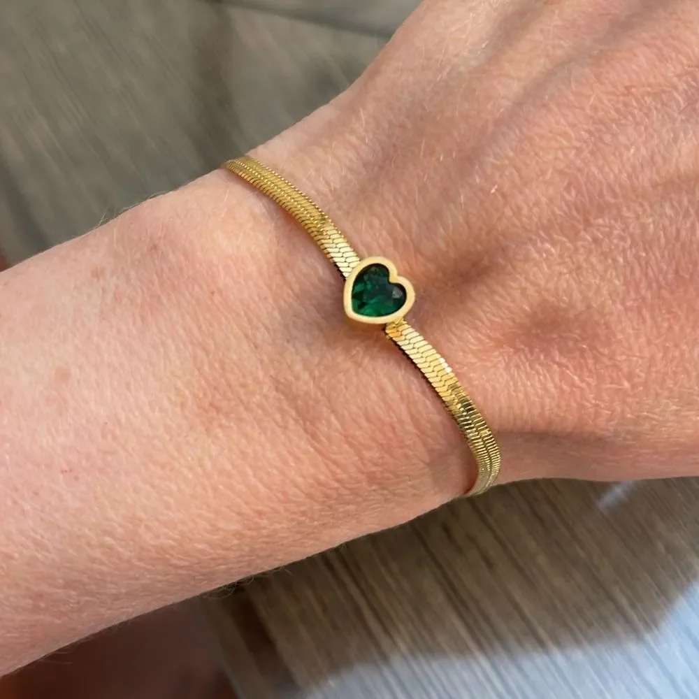18K Gold Plated Stainless Steel Snake Chain Green Cubic Zirconia Heart Bracelet